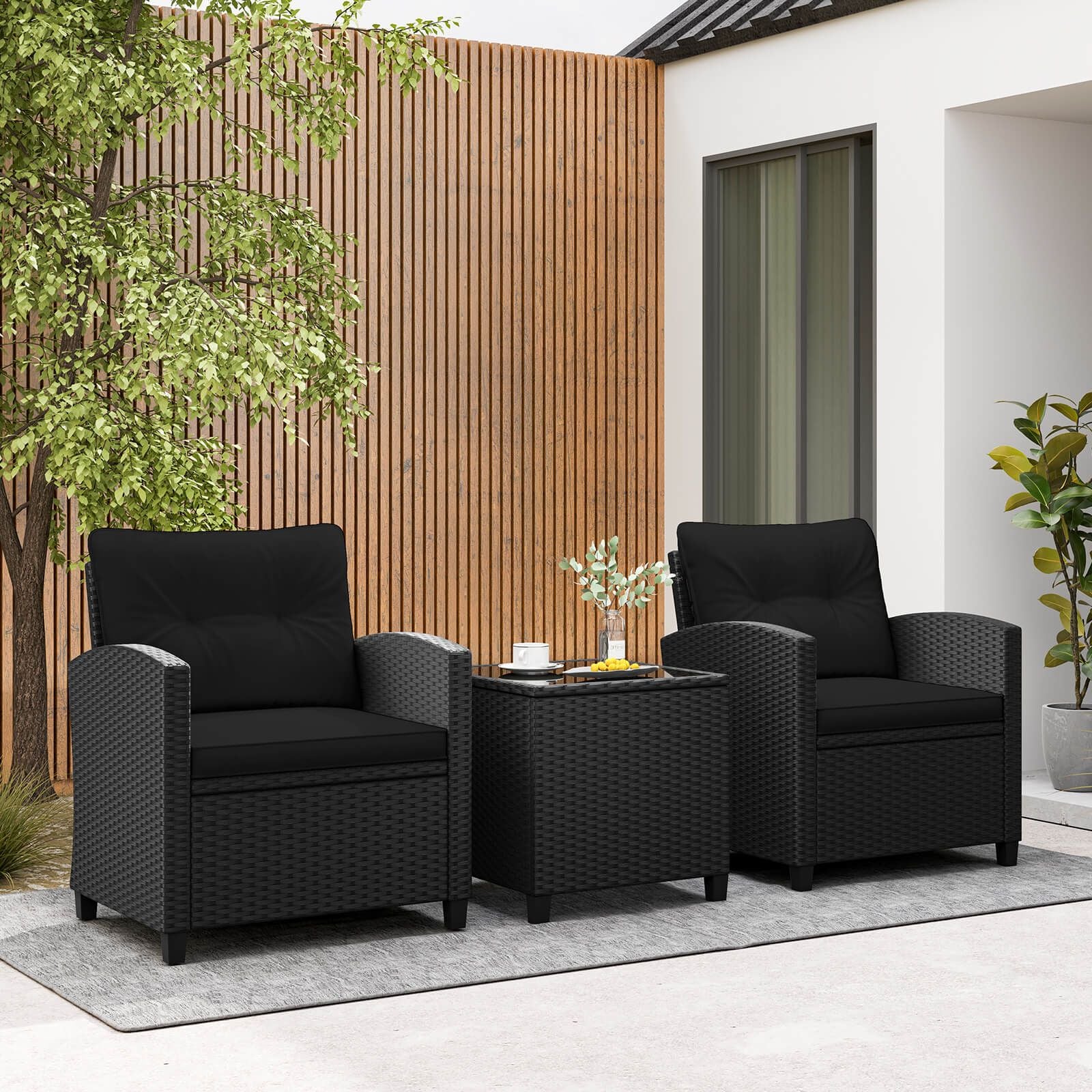 3 Piece Patio Furniture Set Rattan Conversation Set with Seat and Back Cushions