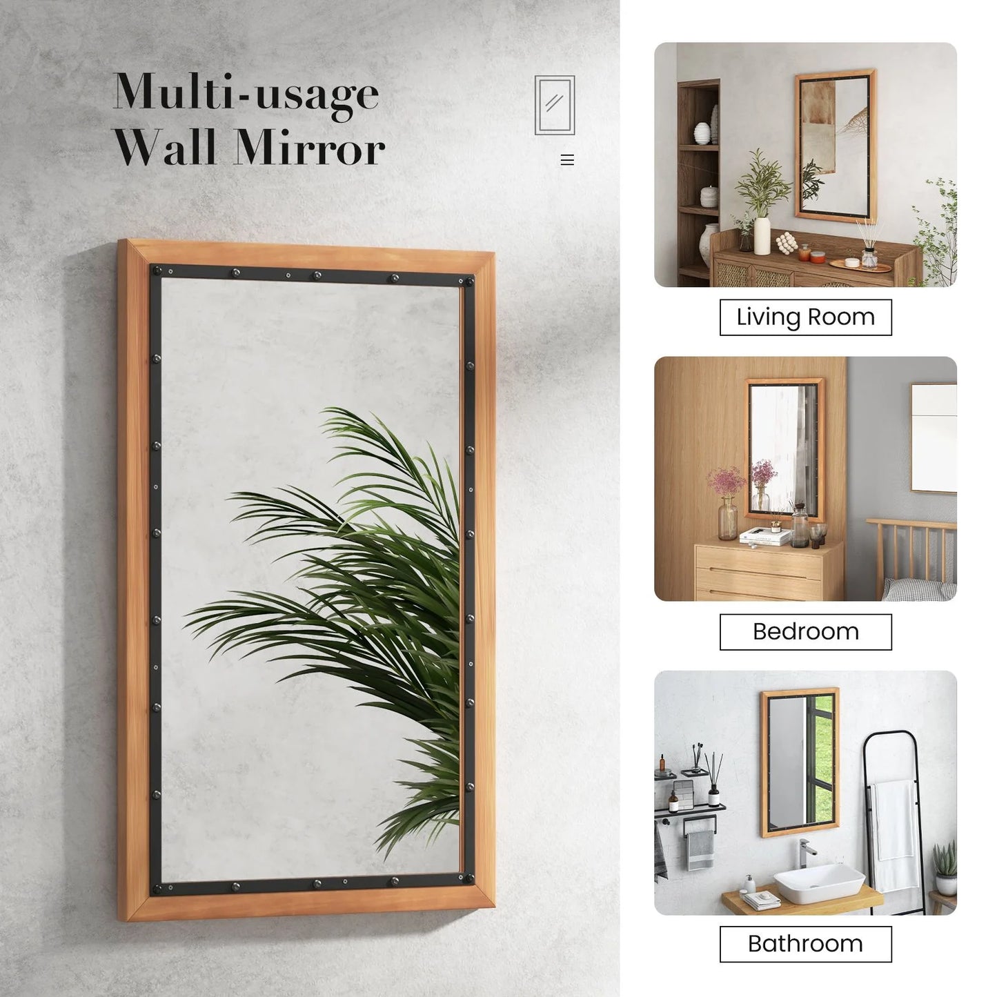 Wall Mounted Mirror with Wood Rectangular Frame Back Board