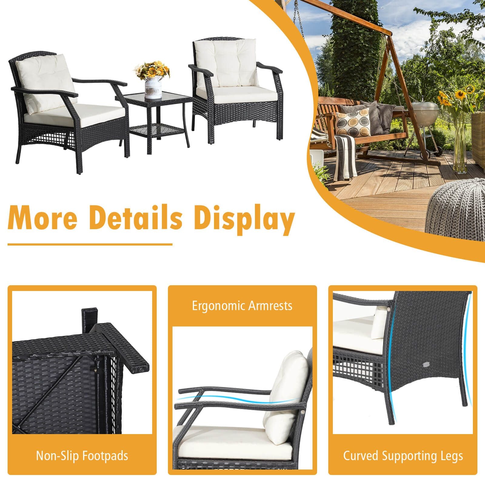 3 Pieces Garden Furniture Set with 2-Tier Tempered Glass Coffee Table