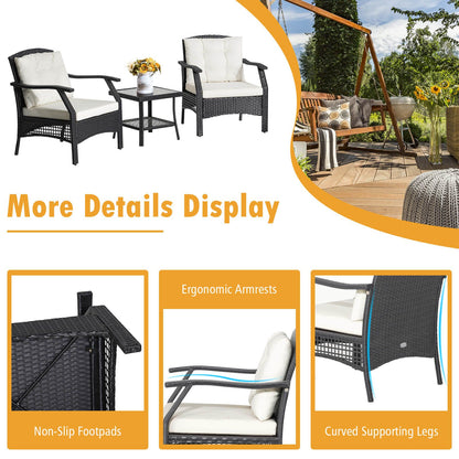 3 Pieces Garden Furniture Set with 2-Tier Tempered Glass Coffee Table