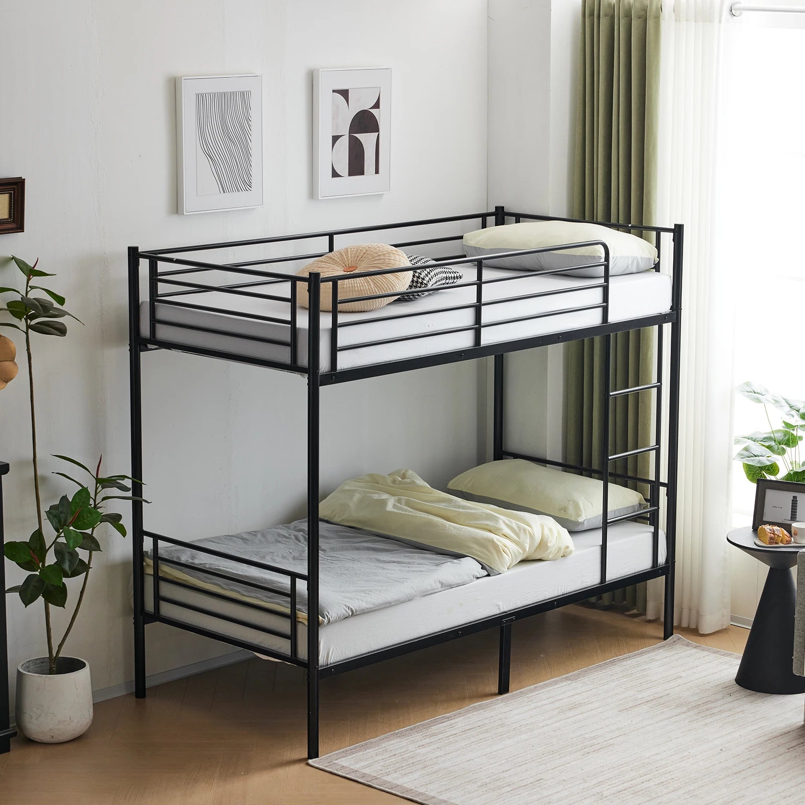 Kids Twin Size Black Iron Bunk Bed with Ladder - Space-Saving, Sturdy Design Bedstead for Children