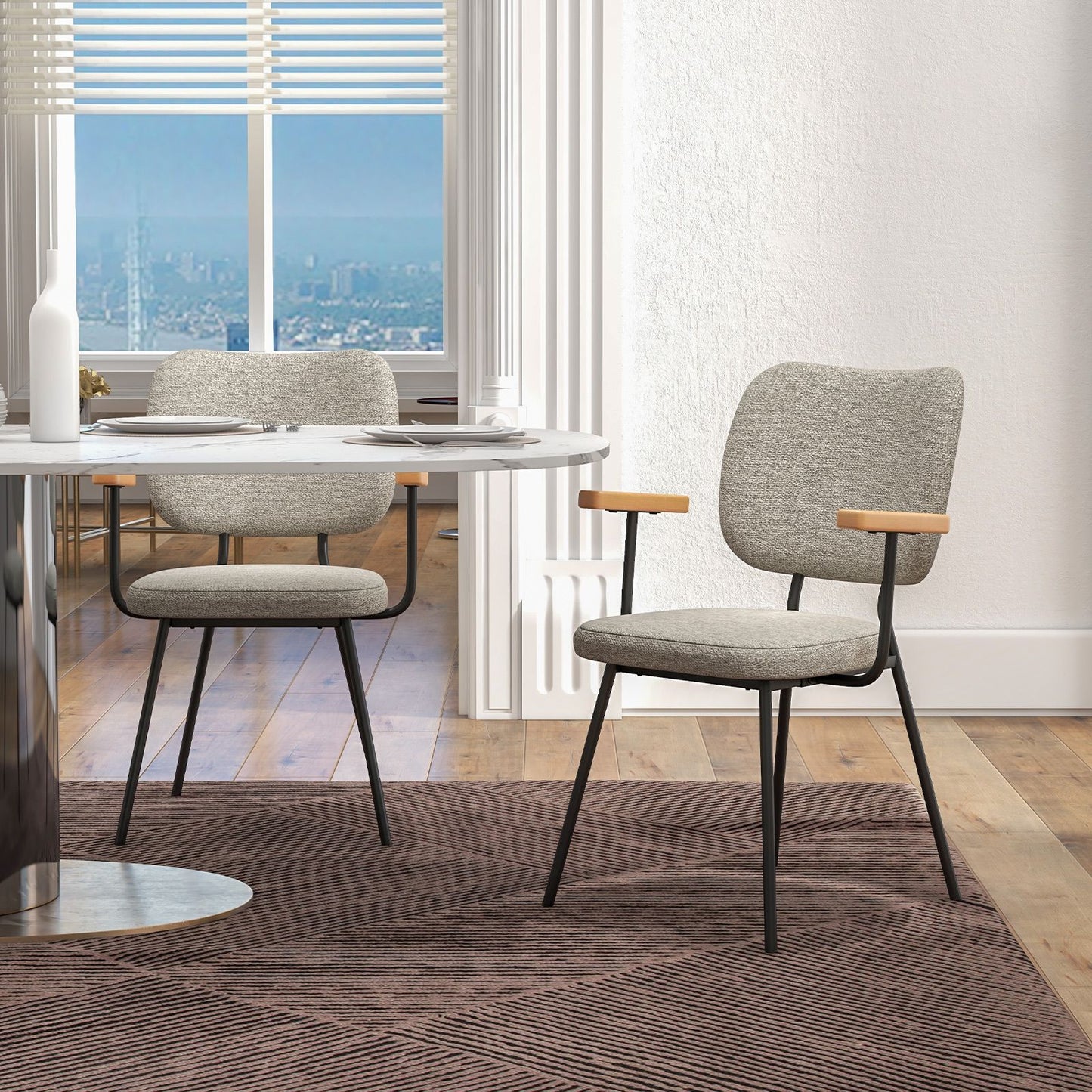 Set of 2 Linen Fabric Upholstered Dining Chairs with Curved Backrest
