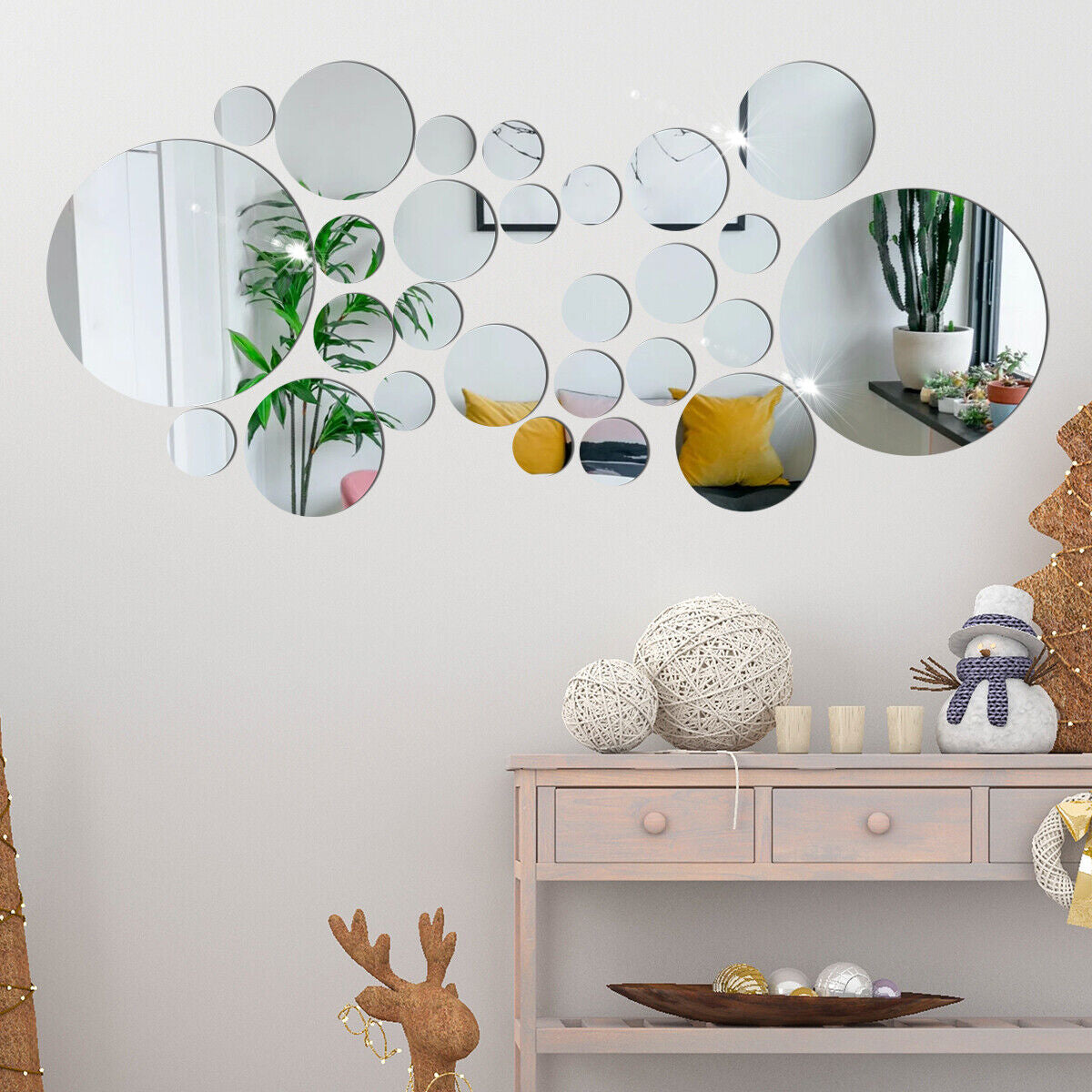 32Pcs Tiles Wall Stickers Circle Mirror Decals Self-Adhesive Bedroom Home Decors