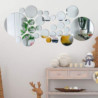 32Pcs Tiles Wall Stickers Circle Mirror Decals Self-Adhesive Bedroom Home Decors