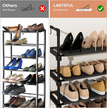 3-Tier Shoe Rack - Organizer with 5 Hooks, Long Shelf Storage for Shoes & Boots - Stackable, Free Standing - Entryway, Garage, Small Spaces, Dorm - Black