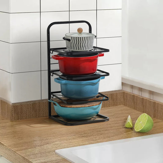 4-Tier Black Freestanding Kitchen Pot Rack Organizer, Heavy Duty Iron Adjustable Dividers Rust-Proof Storage Rack 26X26.5X52.5Cm