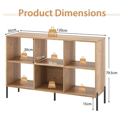 6-Cube Storage Bookcase Wooden Open Bookshelf with 5 Metal Legs