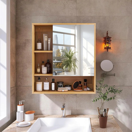 Wood Medicine Cabinet Cupboard Wall Mounted Bathroom Vanity Mirror Cabinet with Spacesaver Storage