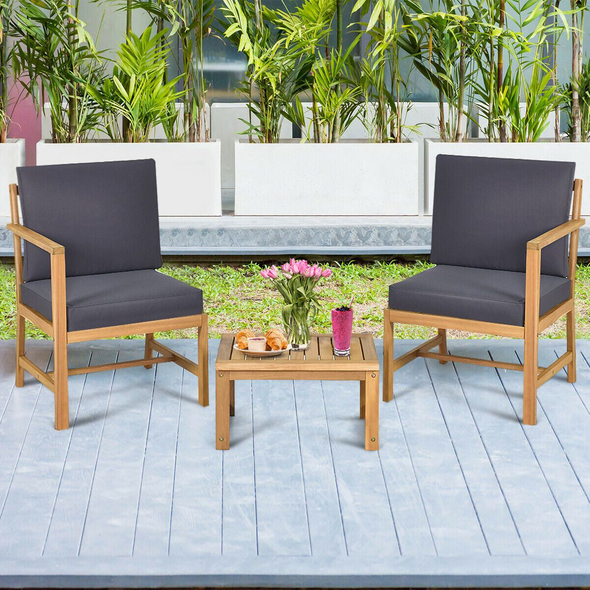 3 Piece Wooden Table and Chair Set with Cushions for Outdoor