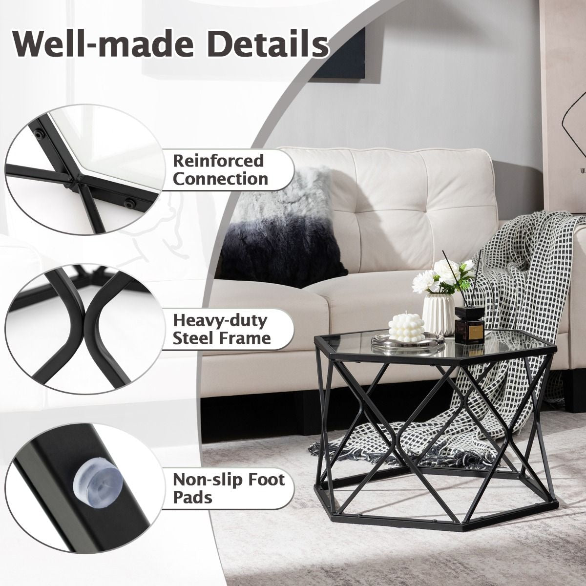 Modern Accent Geometric Glass Coffee Table with Solid Metal Frame