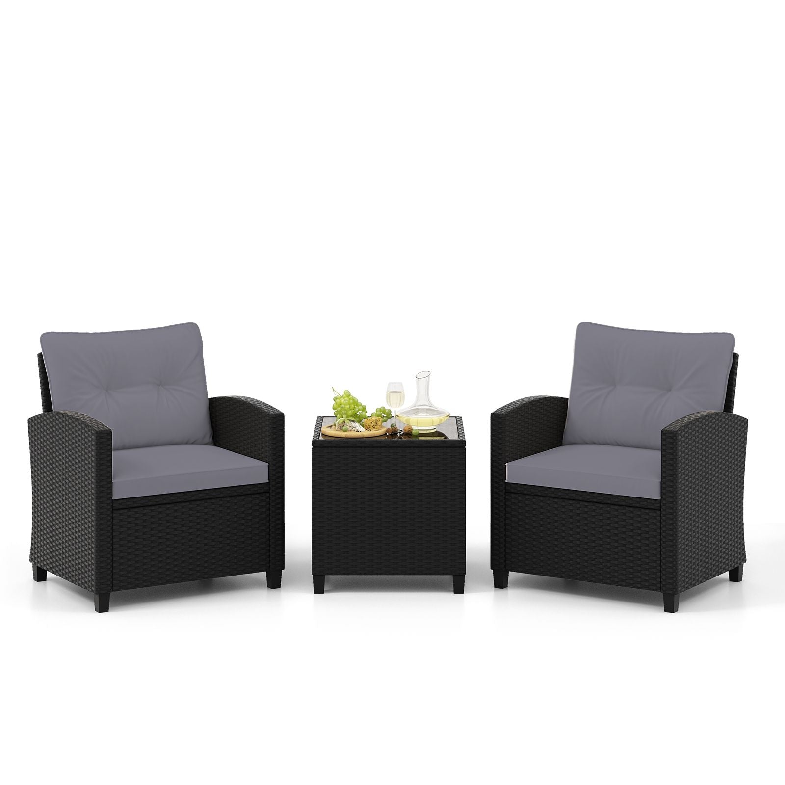 3 Piece Patio Furniture Set Rattan Conversation Set with Seat and Back Cushions