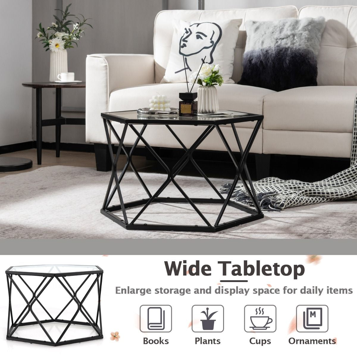 Modern Accent Geometric Glass Coffee Table with Solid Metal Frame