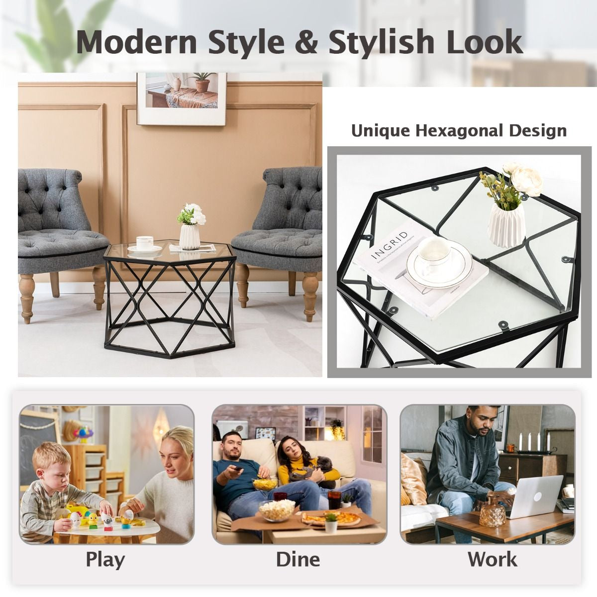 Modern Accent Geometric Glass Coffee Table with Solid Metal Frame