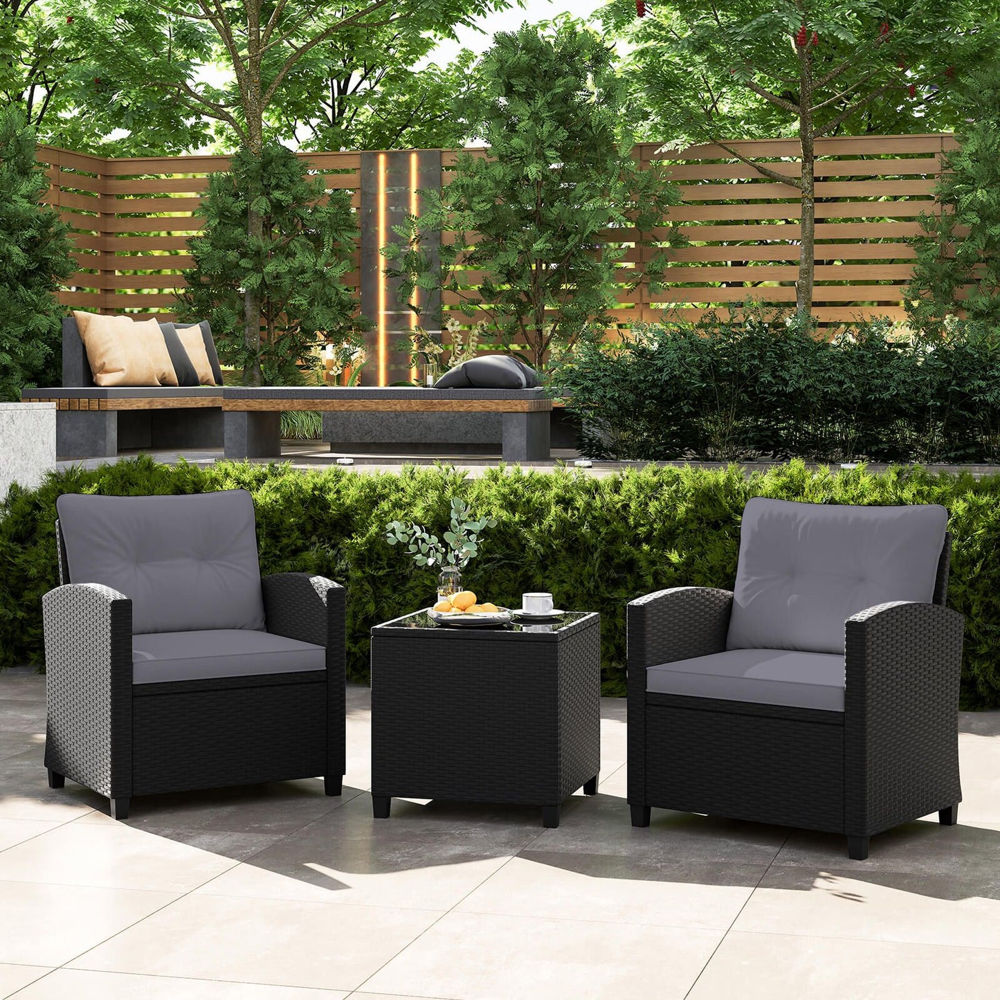 3 Piece Patio Furniture Set Rattan Conversation Set with Seat and Back Cushions