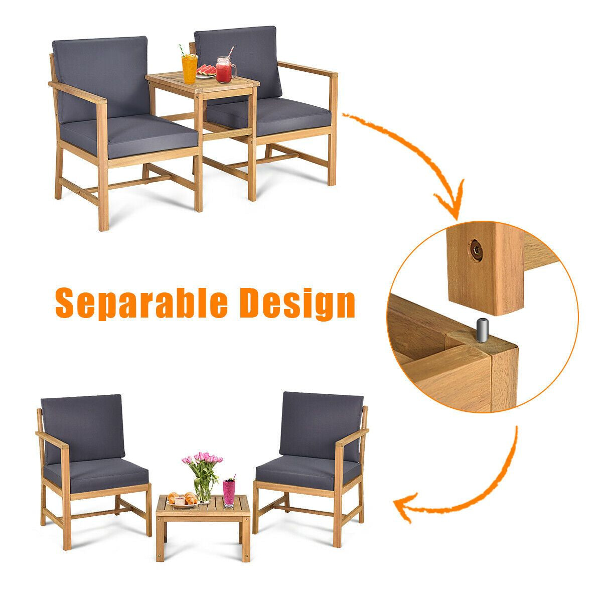 3 Piece Wooden Table and Chair Set with Cushions for Outdoor