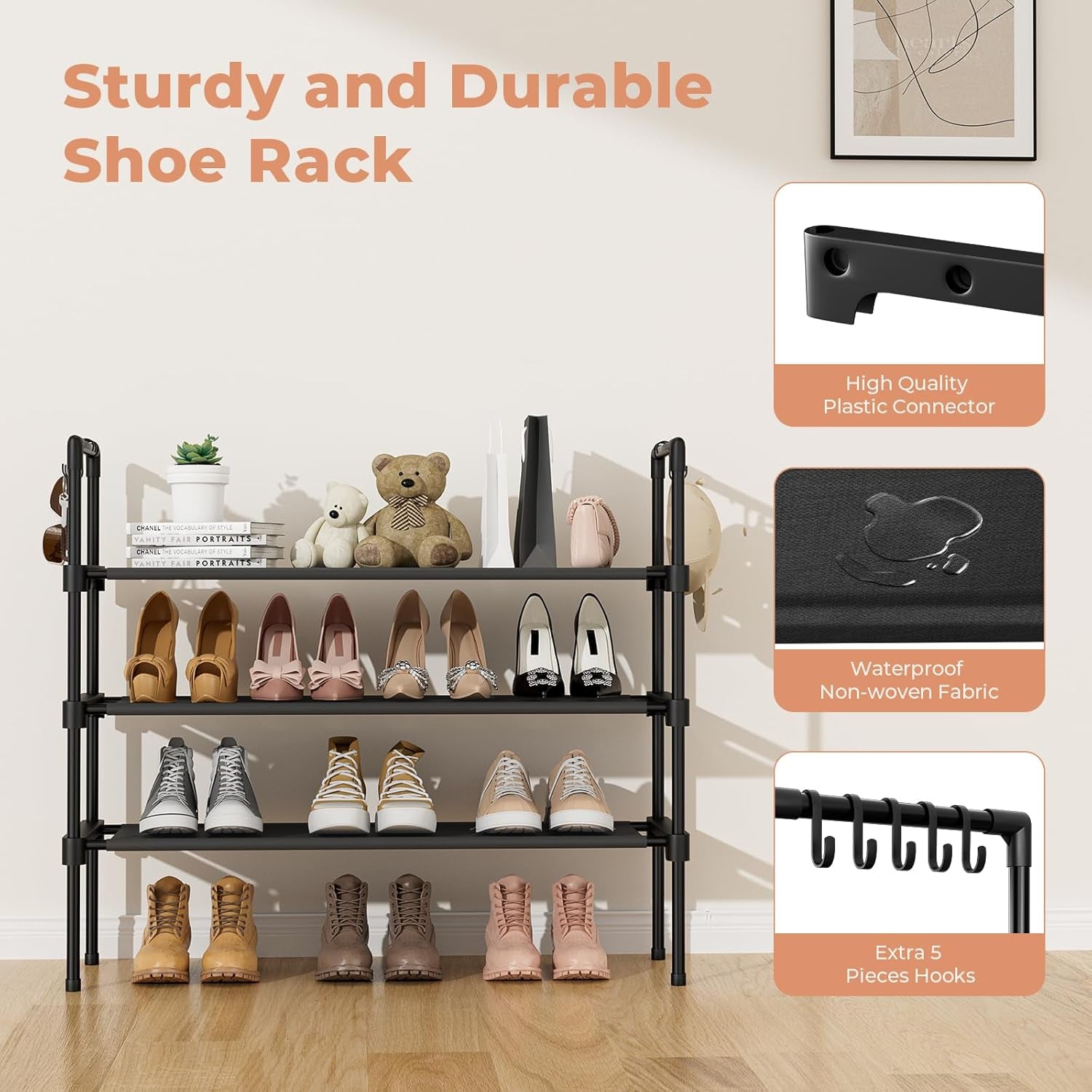3-Tier Shoe Rack - Organizer with 5 Hooks, Long Shelf Storage for Shoes & Boots - Stackable, Free Standing - Entryway, Garage, Small Spaces, Dorm - Black
