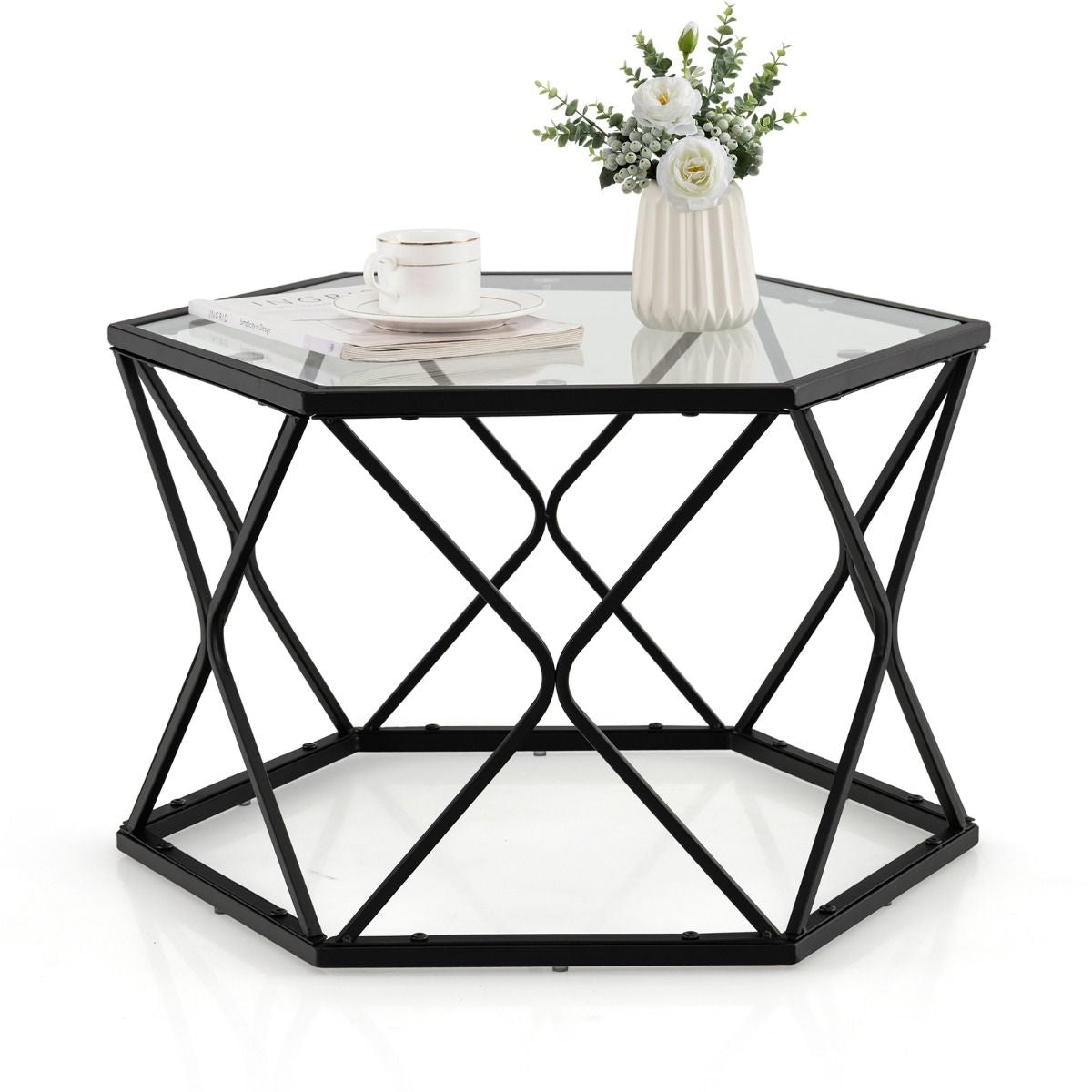Modern Accent Geometric Glass Coffee Table with Solid Metal Frame