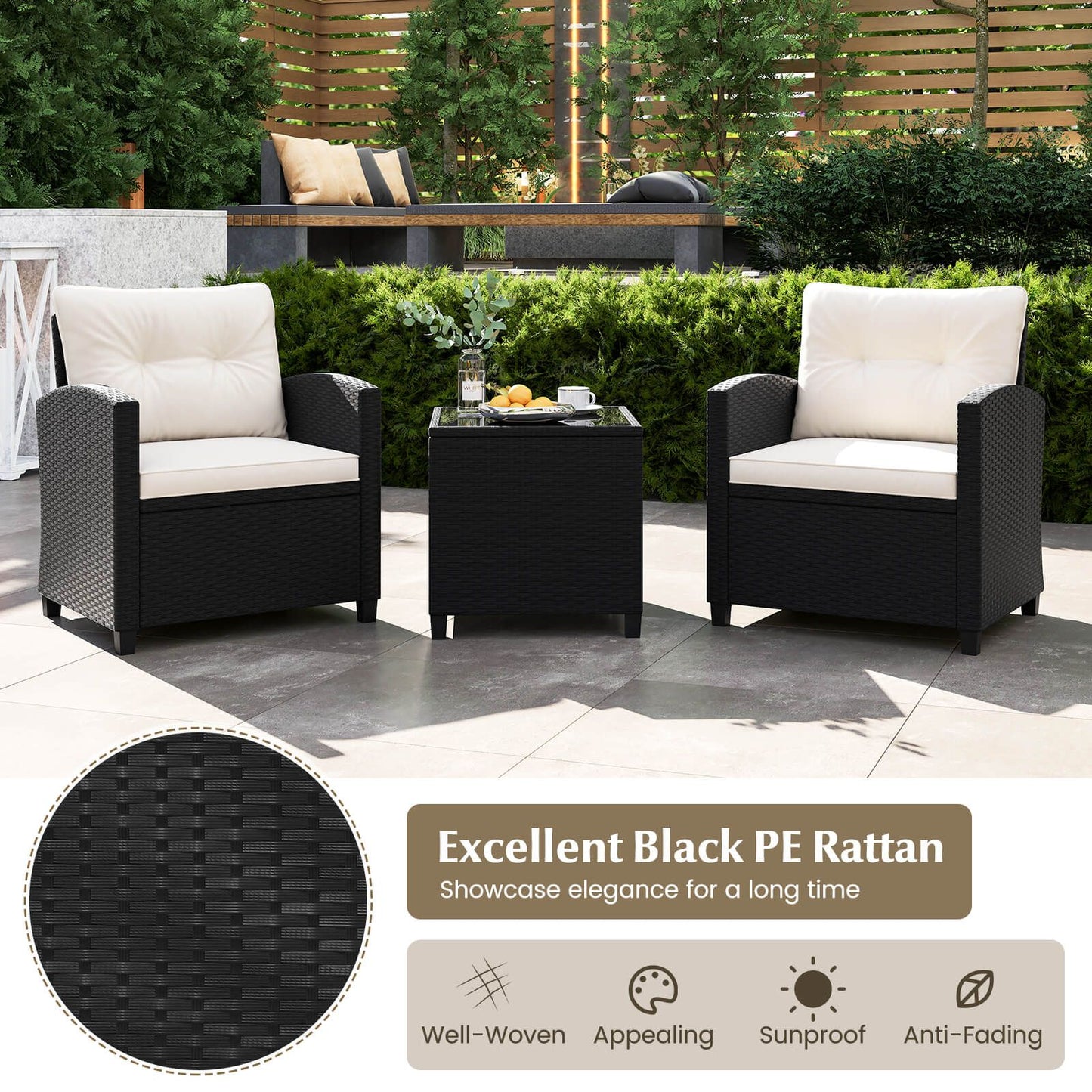 3 Piece Patio Furniture Set Rattan Conversation Set with Seat and Back Cushions