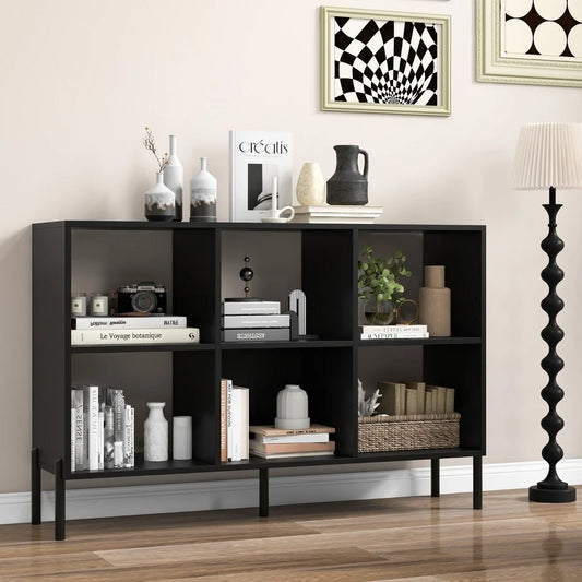 6-Cube Storage Bookcase Wooden Open Bookshelf with 5 Metal Legs