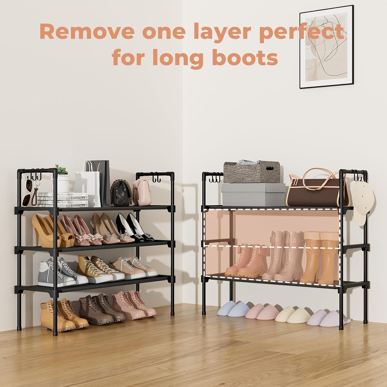 3-Tier Shoe Rack - Organizer with 5 Hooks, Long Shelf Storage for Shoes & Boots - Stackable, Free Standing - Entryway, Garage, Small Spaces, Dorm - Black