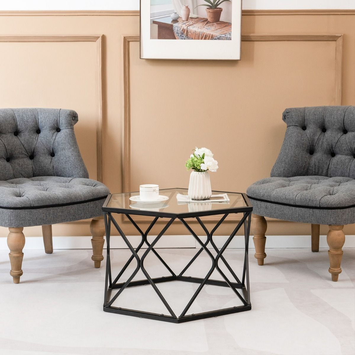 Modern Accent Geometric Glass Coffee Table with Solid Metal Frame