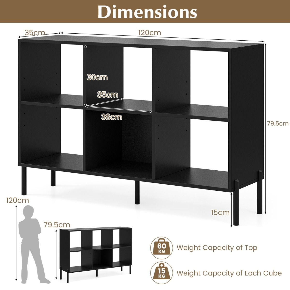 6-Cube Storage Bookcase Wooden Open Bookshelf with 5 Metal Legs