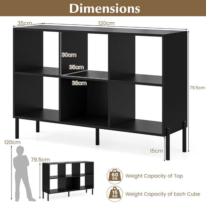 6-Cube Storage Bookcase Wooden Open Bookshelf with 5 Metal Legs