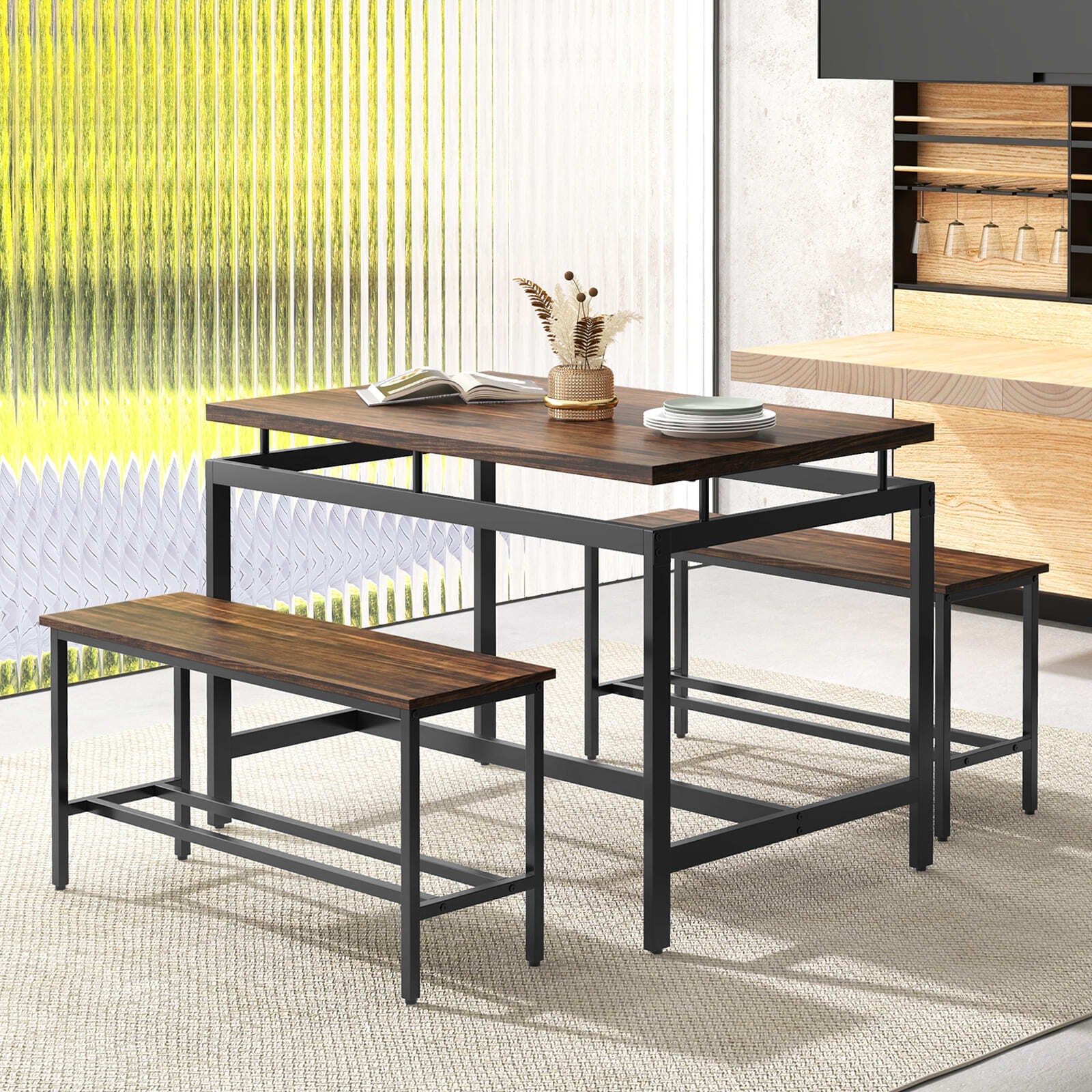COSTWAY 3 PCS Kitchen Dining Room Furniture Set W/ 108Cm Wooden Kitchen Table