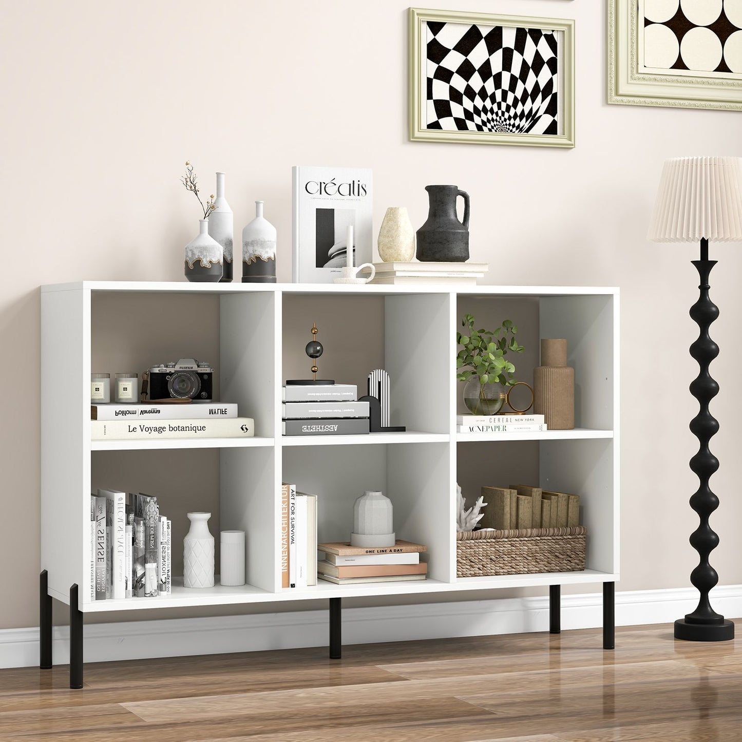 6-Cube Storage Bookcase Wooden Open Bookshelf with 5 Metal Legs