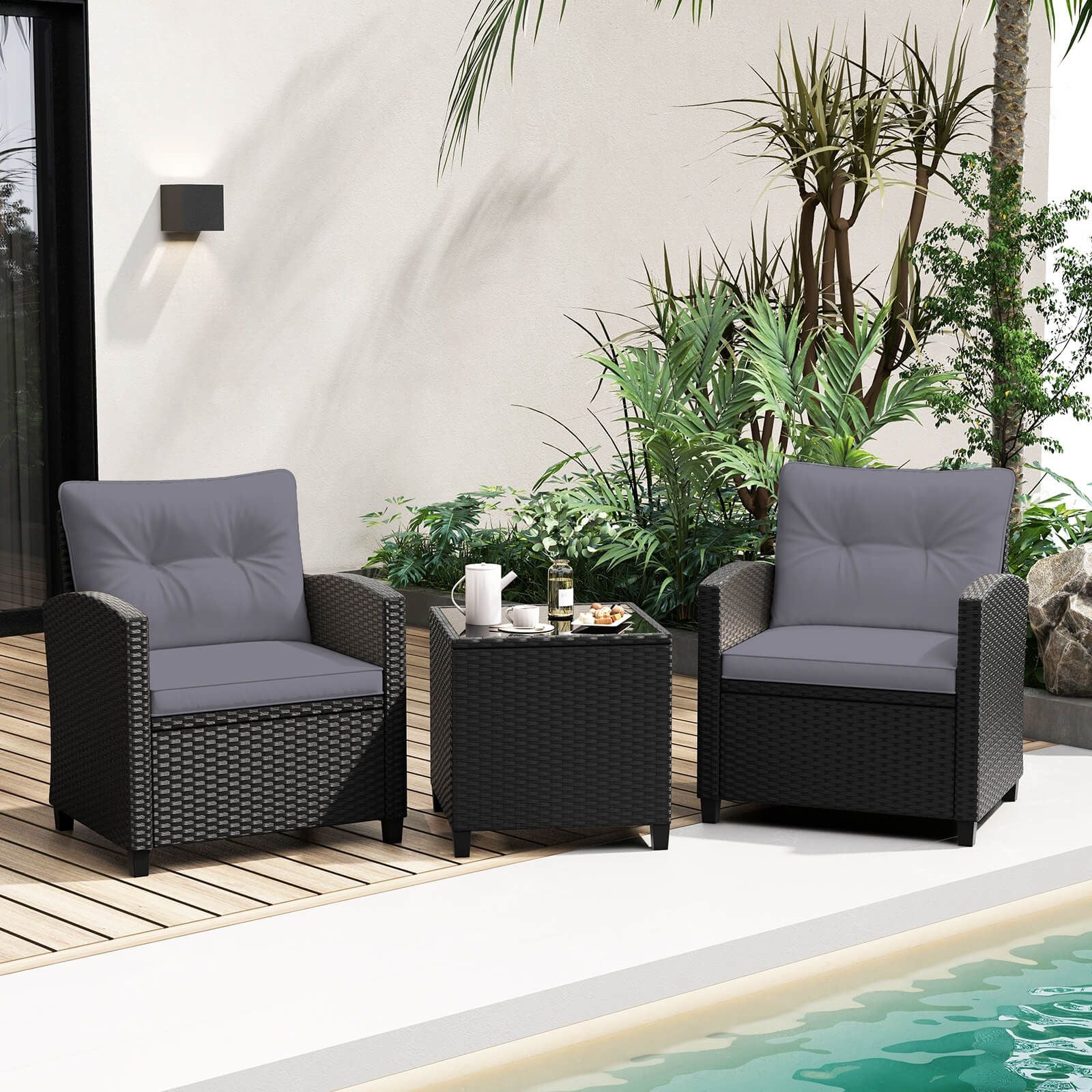 3 Piece Patio Furniture Set Rattan Conversation Set with Seat and Back Cushions