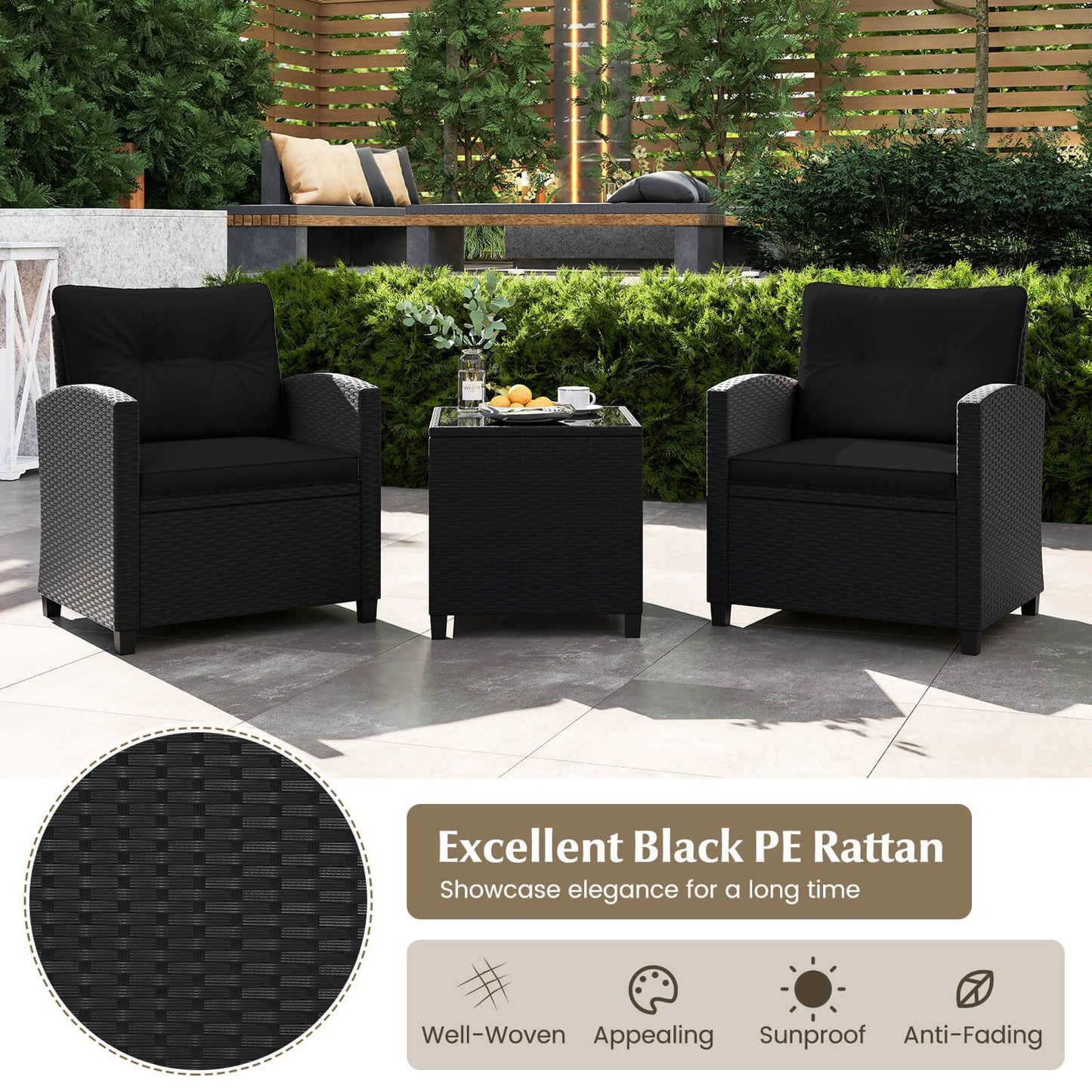 3 Piece Patio Furniture Set Rattan Conversation Set with Seat and Back Cushions