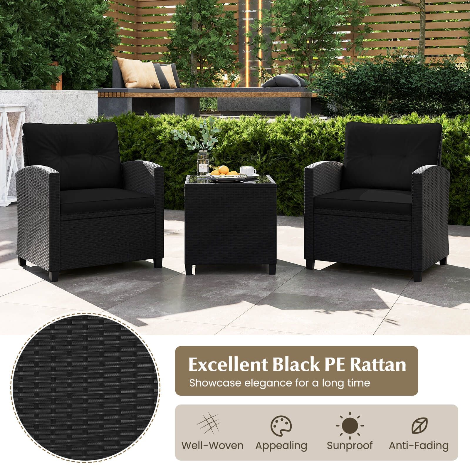 3 Piece Patio Furniture Set Rattan Conversation Set with Seat and Back Cushions