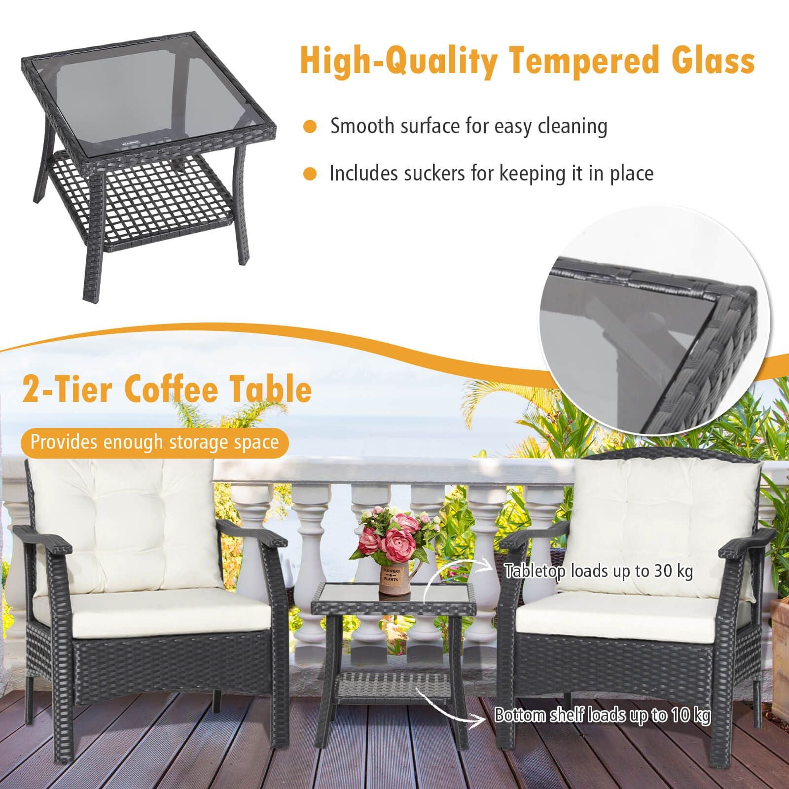 3 Pieces Garden Furniture Set with 2-Tier Tempered Glass Coffee Table
