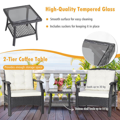 3 Pieces Garden Furniture Set with 2-Tier Tempered Glass Coffee Table