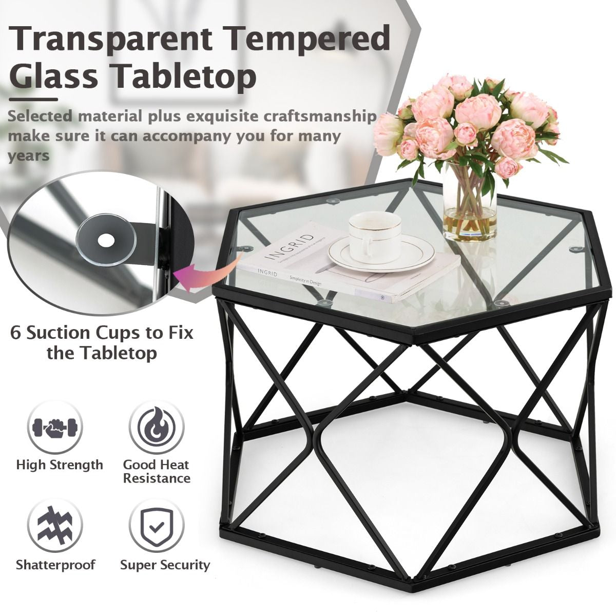 Modern Accent Geometric Glass Coffee Table with Solid Metal Frame