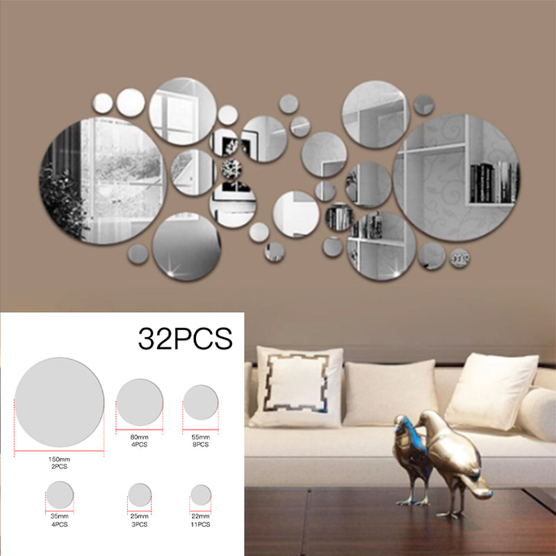 32Pcs Tiles Wall Stickers Circle Mirror Decals Self-Adhesive Bedroom Home Decors