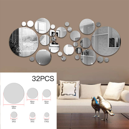 32Pcs Tiles Wall Stickers Circle Mirror Decals Self-Adhesive Bedroom Home Decors