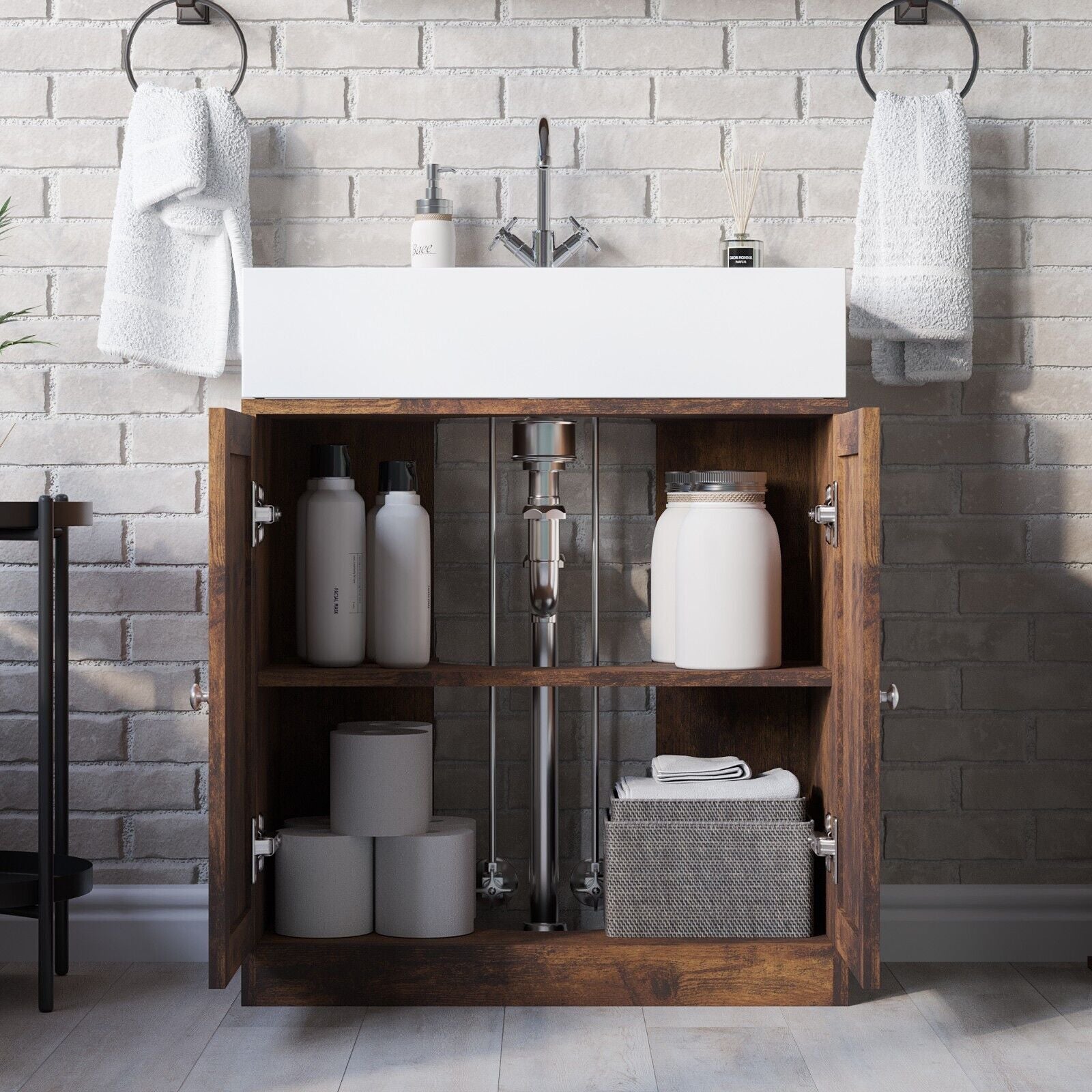 3Pc Bathroom Wood Unit under Sink Cabinet Mirror Cupboard Toilet Paper Dispenser