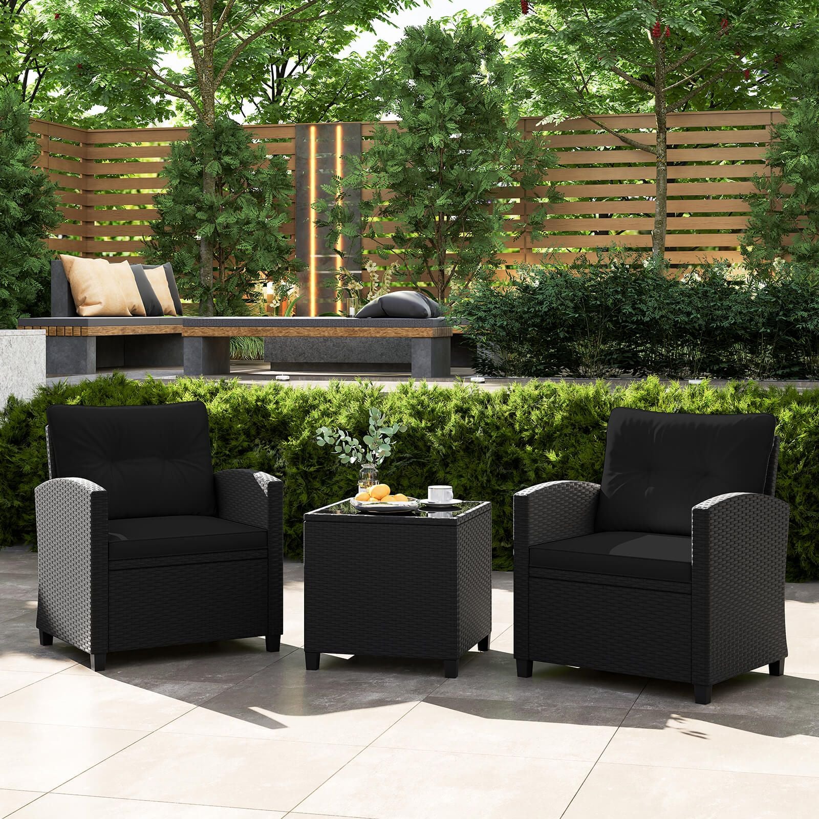 3 Piece Patio Furniture Set Rattan Conversation Set with Seat and Back Cushions