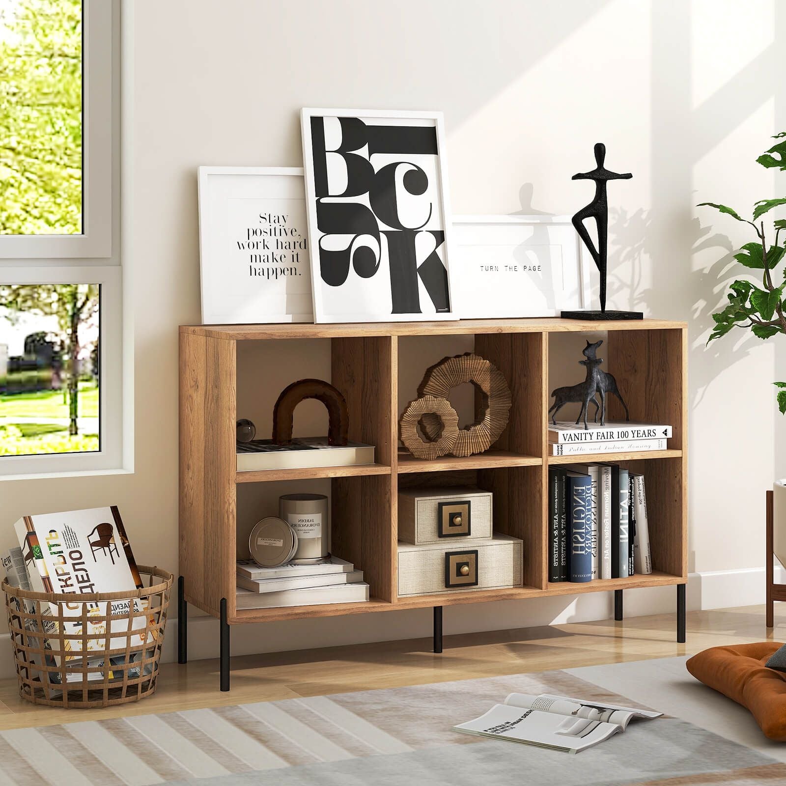 6-Cube Storage Bookcase Wooden Open Bookshelf with 5 Metal Legs