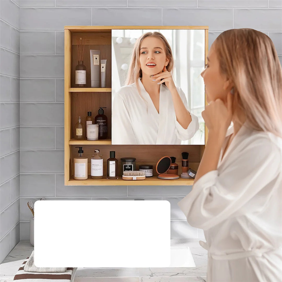 Wood Medicine Cabinet Cupboard Wall Mounted Bathroom Vanity Mirror Cabinet with Spacesaver Storage