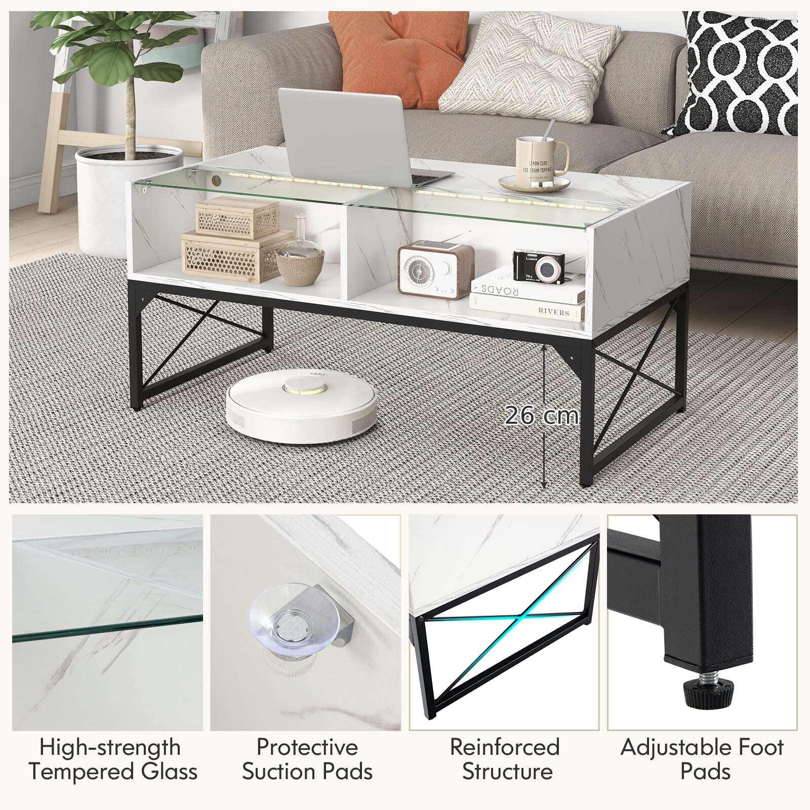 COSTWAY High-Gloss LED Coffee Table Center Table Modern Accent Table