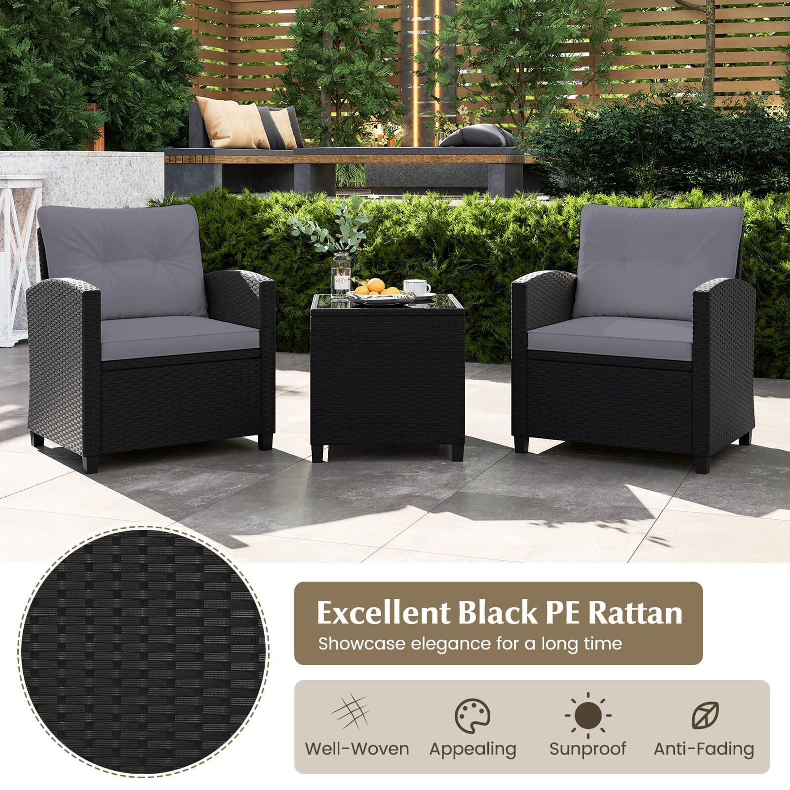 3 Piece Patio Furniture Set Rattan Conversation Set with Seat and Back Cushions