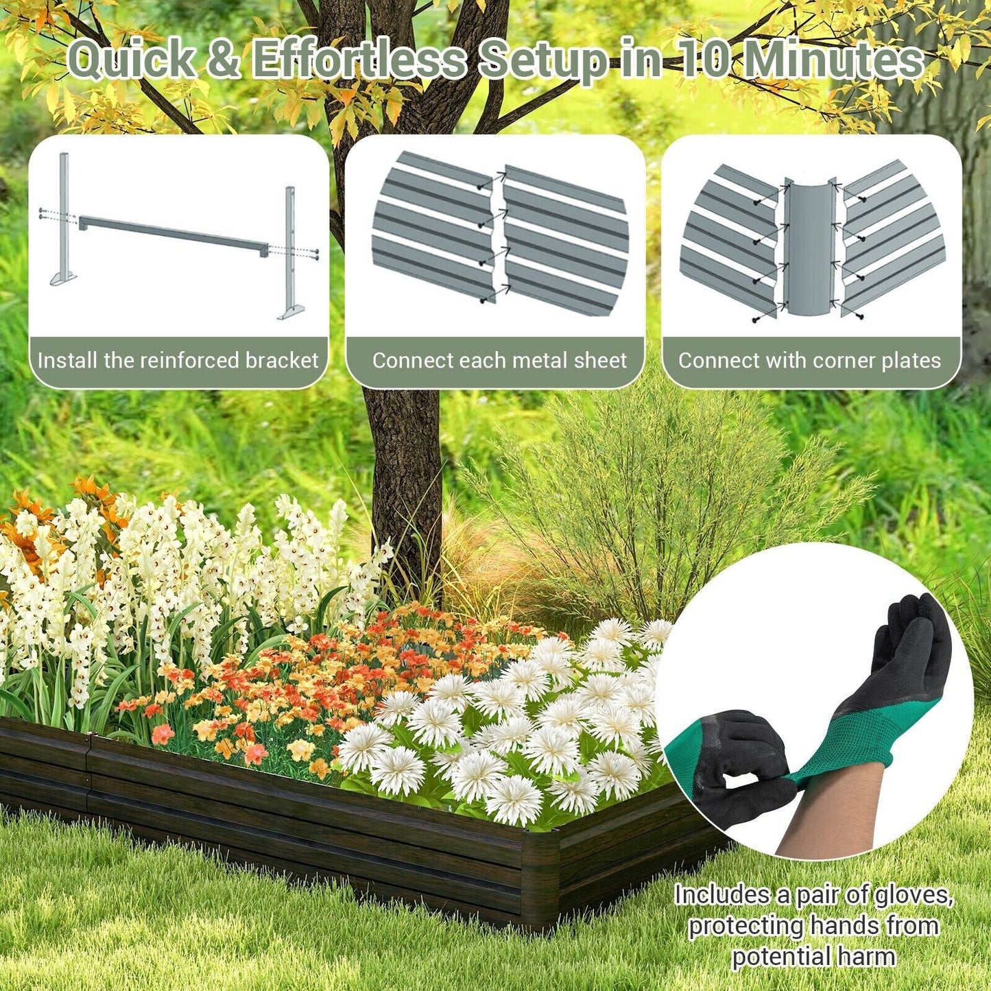 Metal Raised Garden Bed Rectangular Elevated Flower Herbs Planter Box Open Base