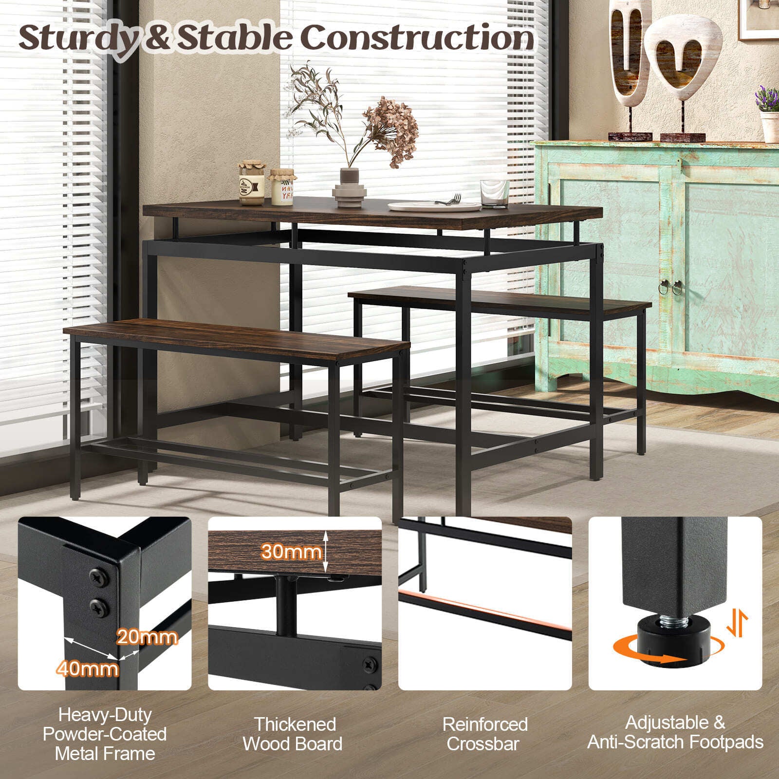 COSTWAY 3 PCS Kitchen Dining Room Furniture Set W/ 108Cm Wooden Kitchen Table