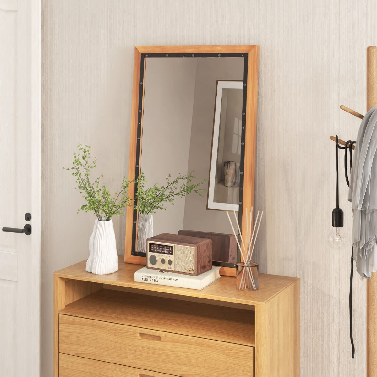 Wall Mounted Mirror with Wood Rectangular Frame Back Board