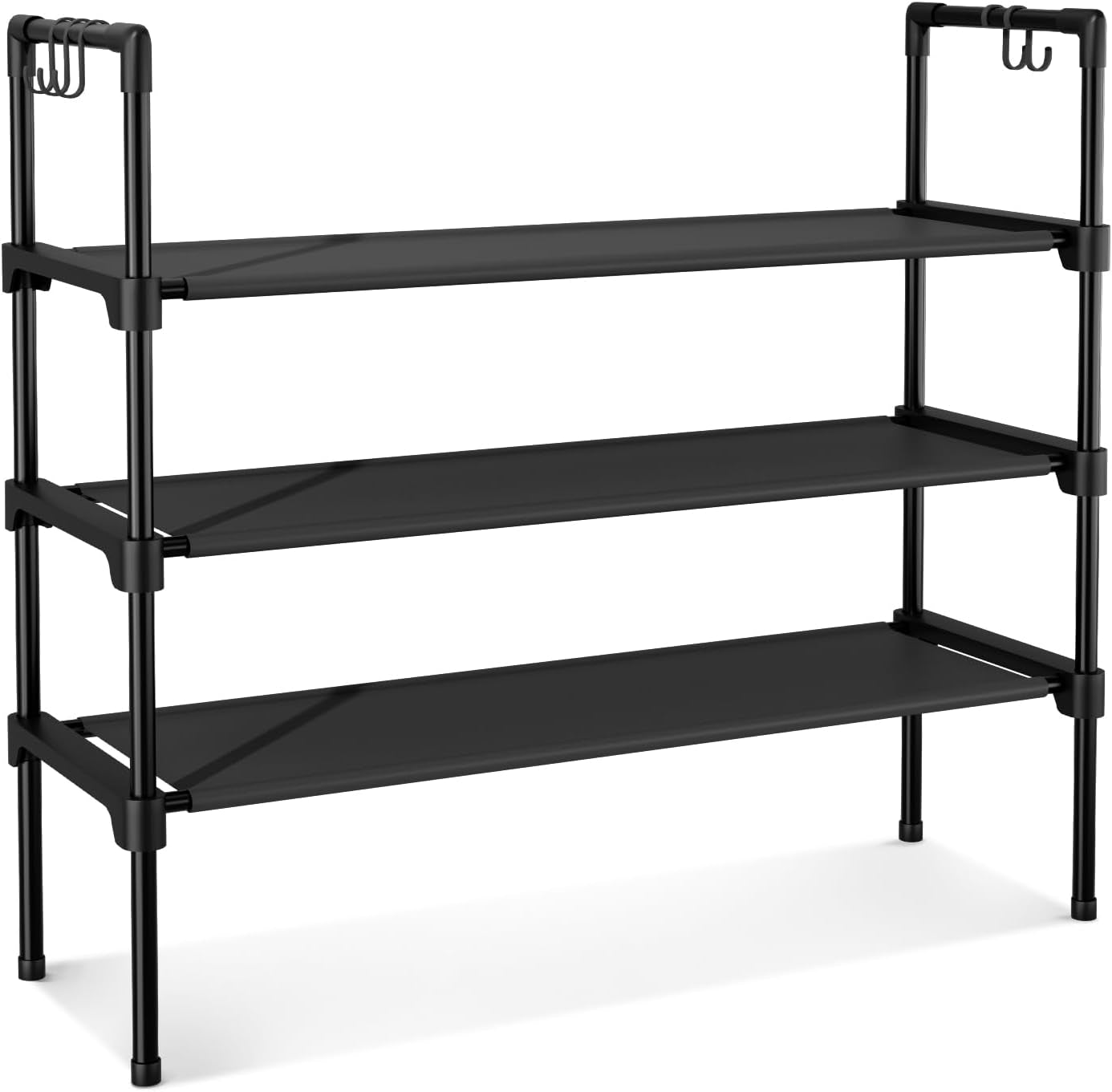 3-Tier Shoe Rack - Organizer with 5 Hooks, Long Shelf Storage for Shoes & Boots - Stackable, Free Standing - Entryway, Garage, Small Spaces, Dorm - Black