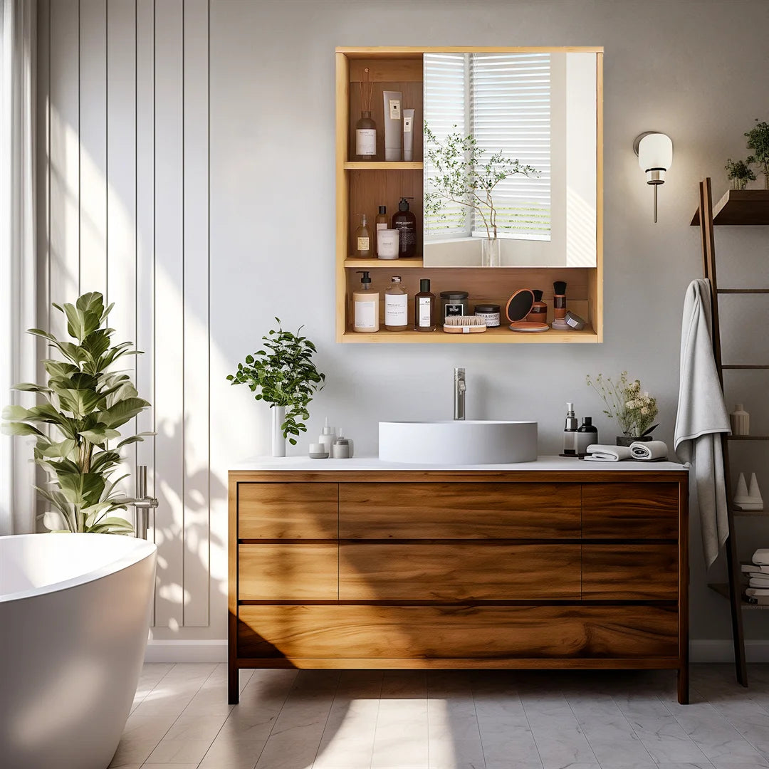Wood Medicine Cabinet Cupboard Wall Mounted Bathroom Vanity Mirror Cabinet with Spacesaver Storage