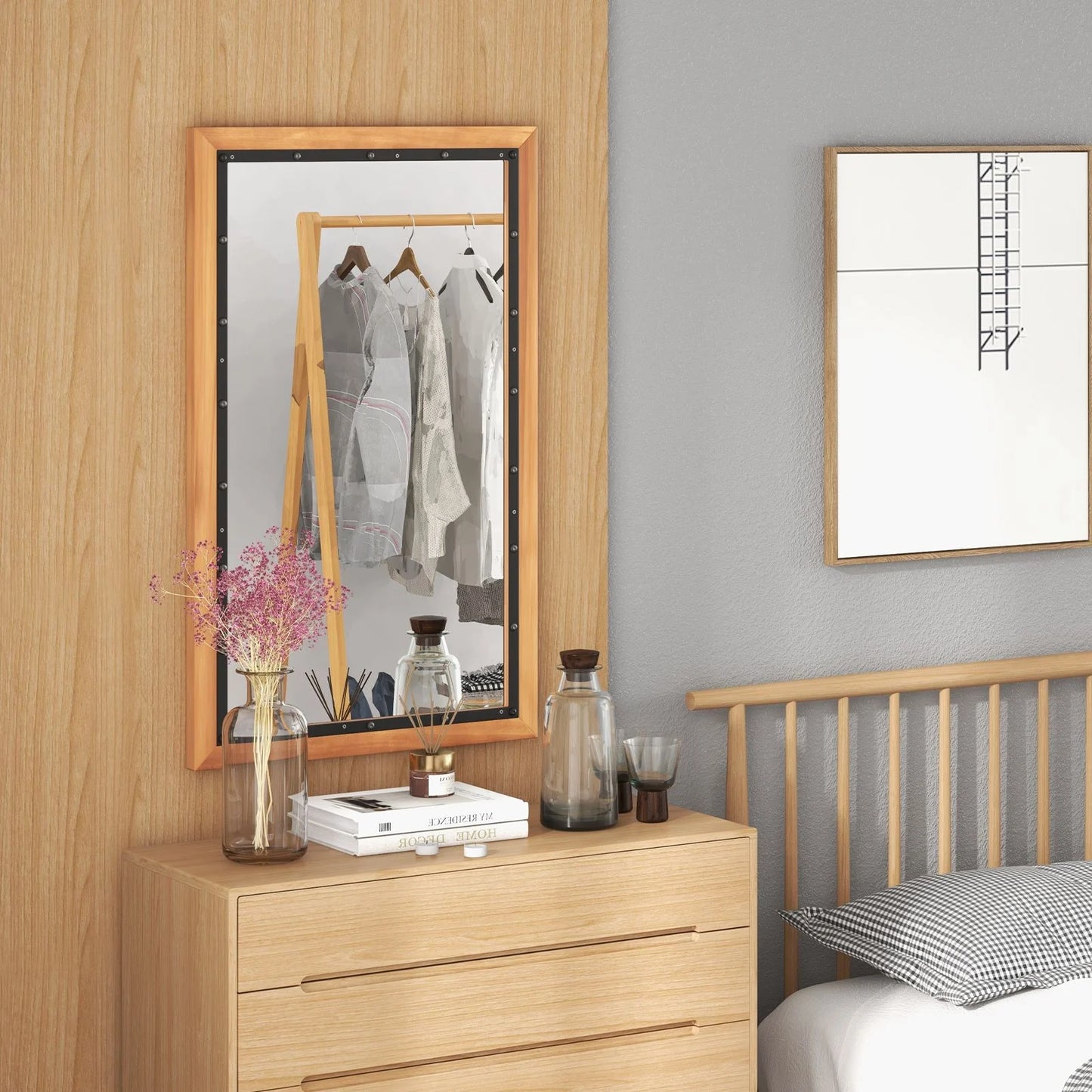 Wall Mounted Mirror with Wood Rectangular Frame Back Board